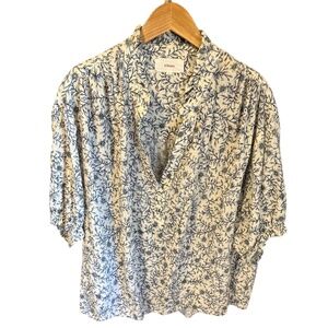 XíRENA Floral Boho Blouse – Blue & Cream Print, Size L